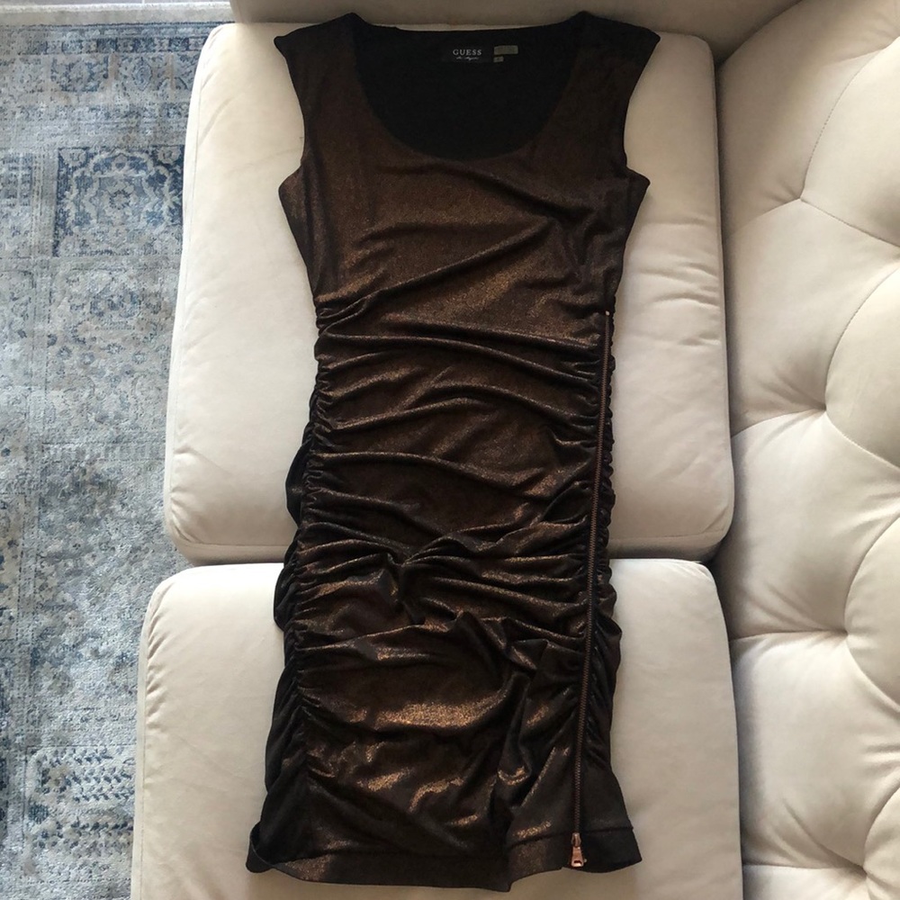 Guess metallic ruched form fitting mini dress